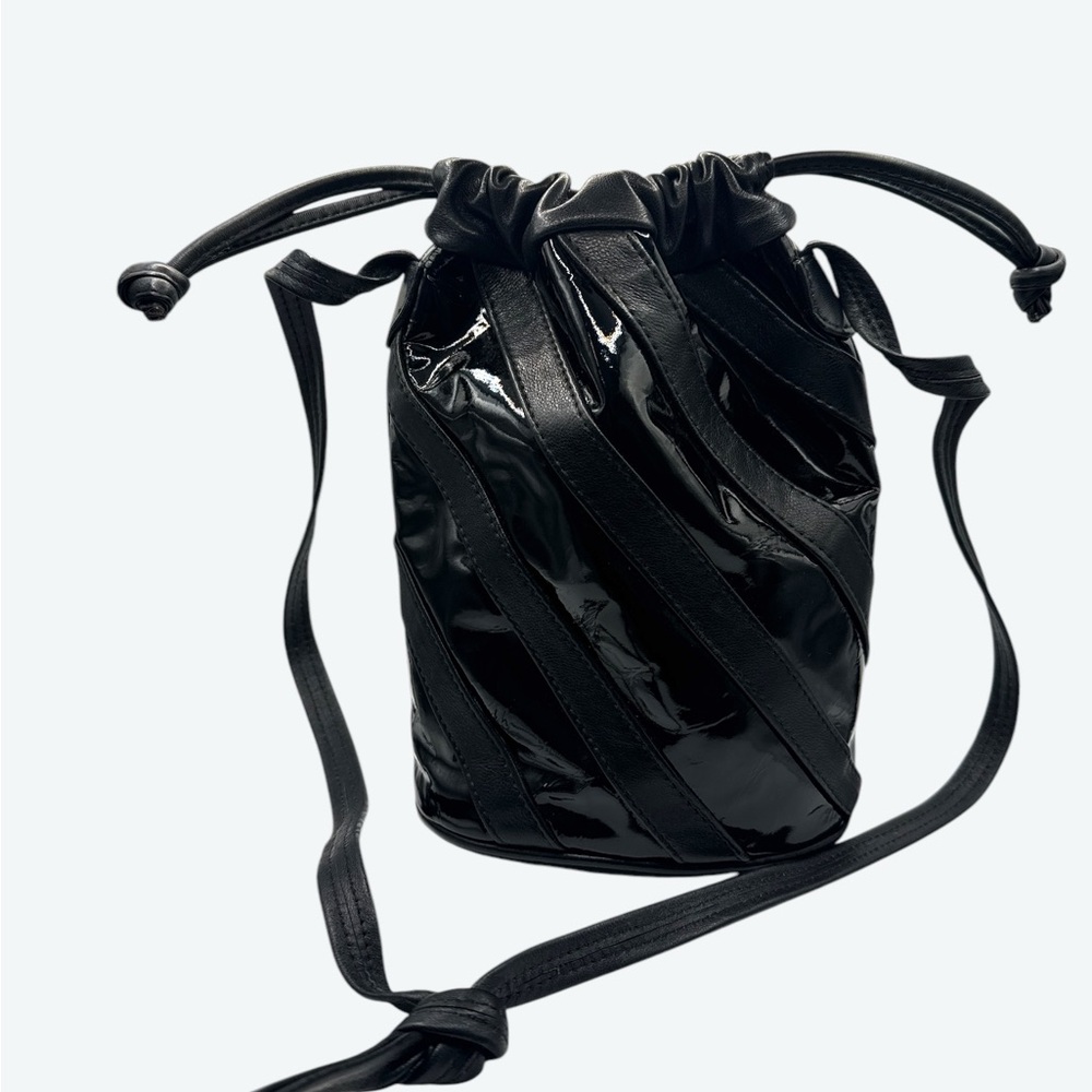 1980s Cynthia Lockhart Patent Leather Striped Crossbody Duffle Bag